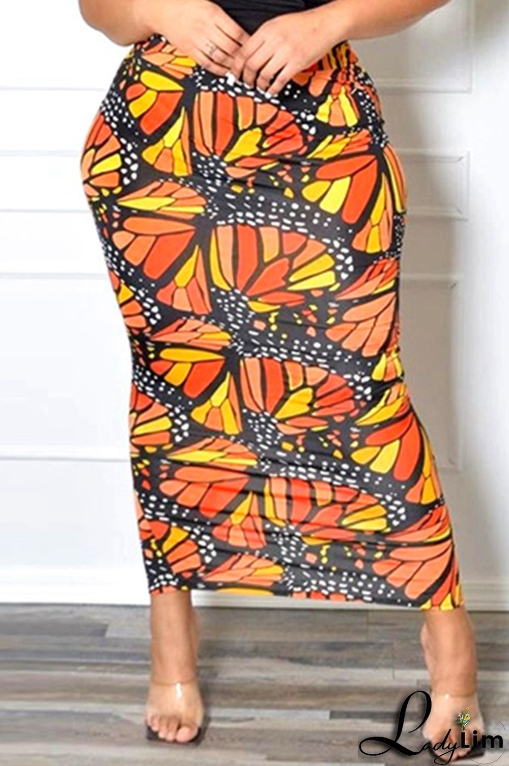 Orange Fashion Casual Print Slit Plus Size Skirt