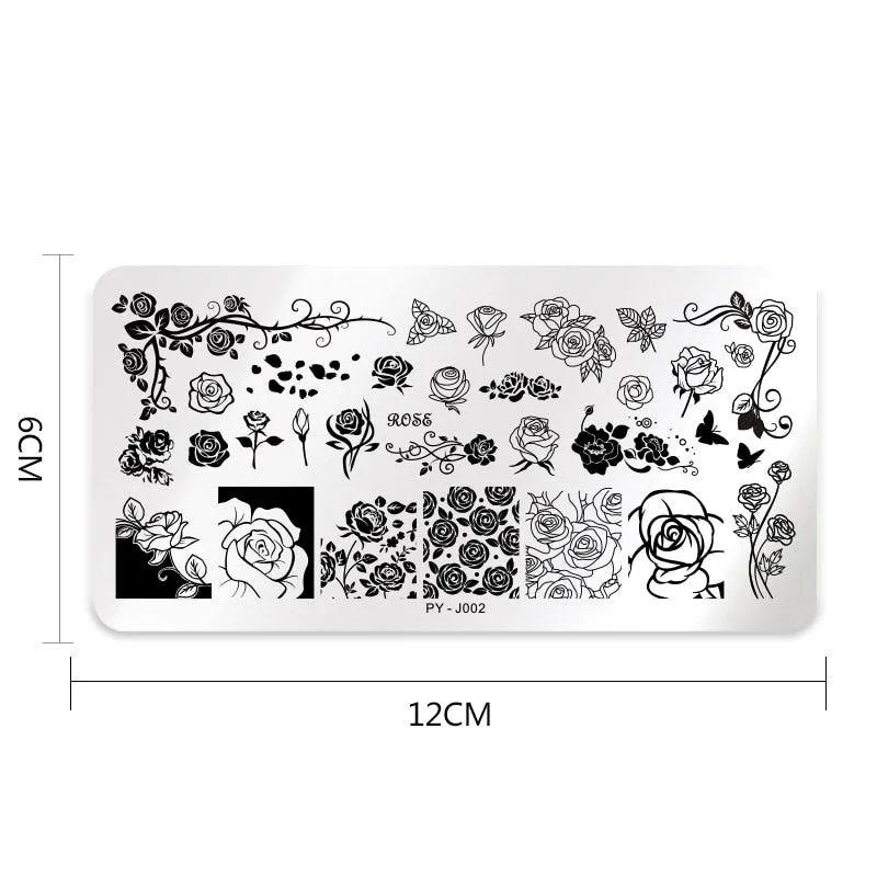 PICT YOU Rectangle Stamping Plates Rose Flower Series Image Design Stamp Stainless Steel Nail Art Design Template Tools J002-Nail Inspo