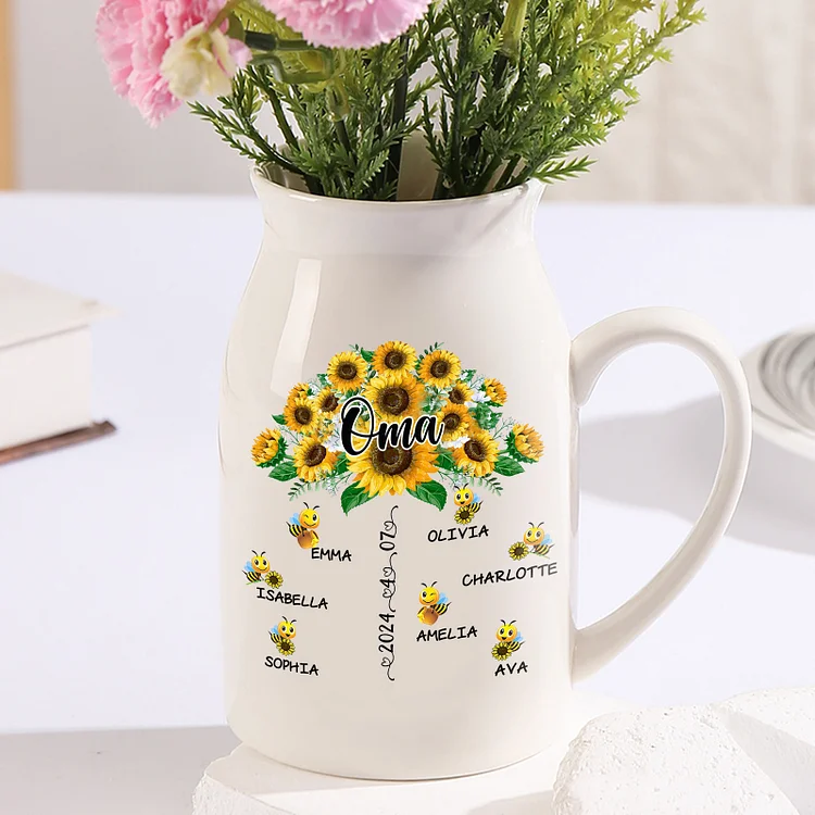 Personalisierte 7 Namen & Text & Datum Sonnenblume & Biene Familie Vase