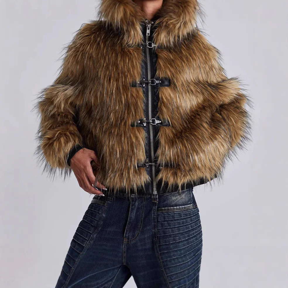 Woherb Winter 2024 Fashion Street Logo Metal Buckle Hottie Short Zipper Fur Hooded Coat Female-Outfit Ideas