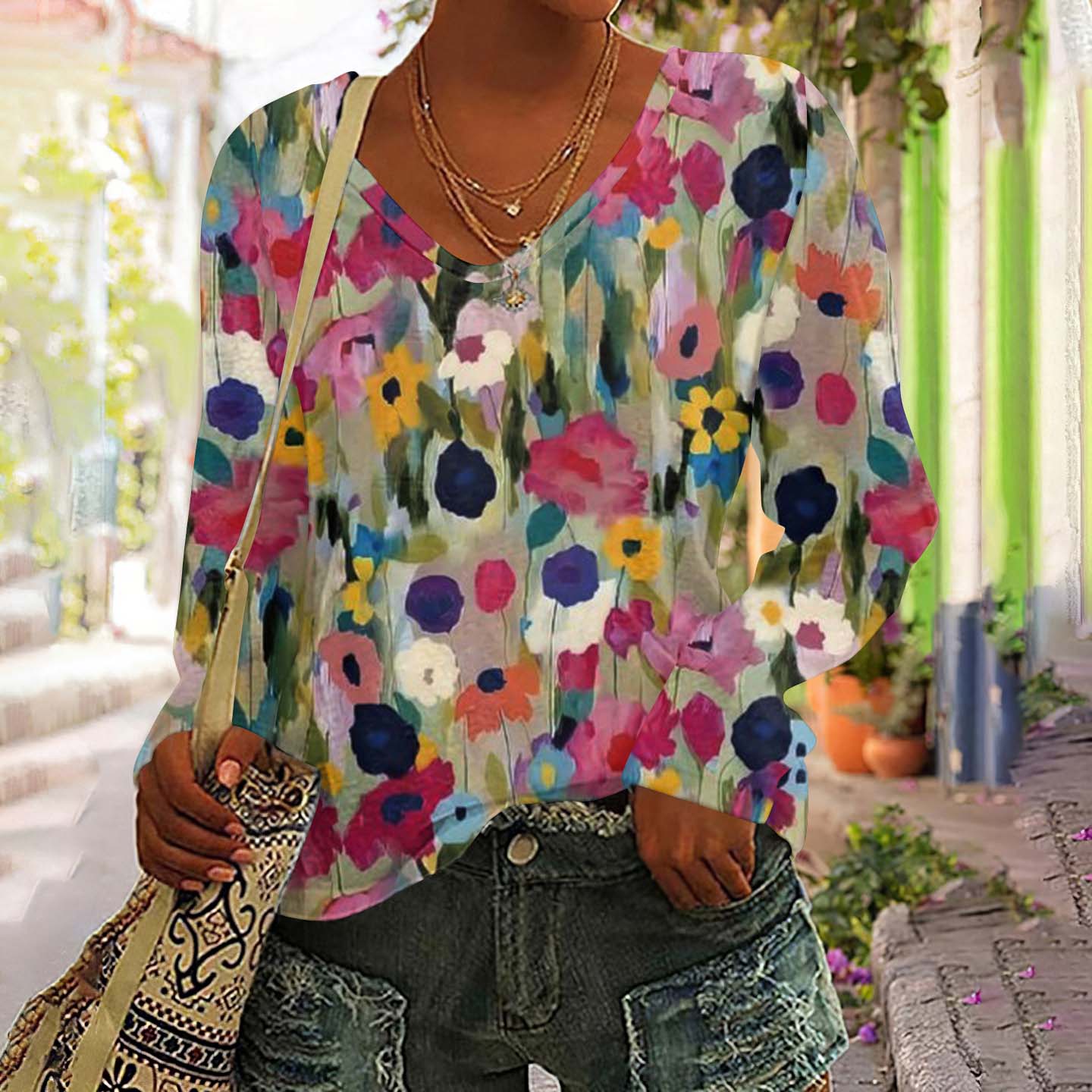 Women's Colorful Floral Art Casual V Neck T-Shirt artswardrobe