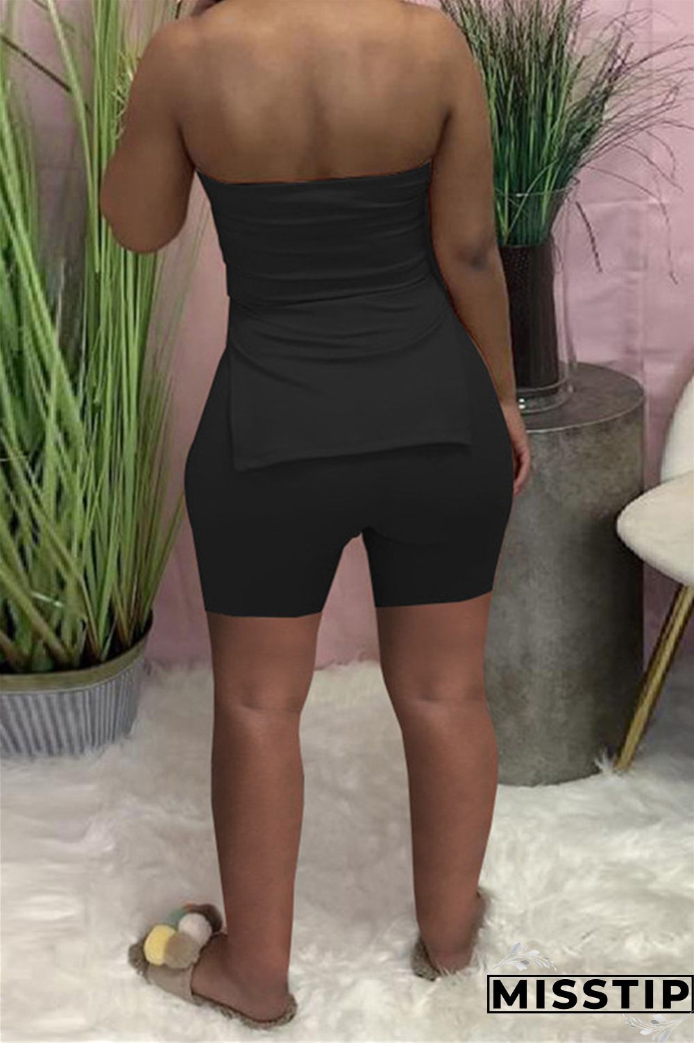Coral Powder Sexy Casual Solid Backless Slit Strapless Sleeveless Two Pieces