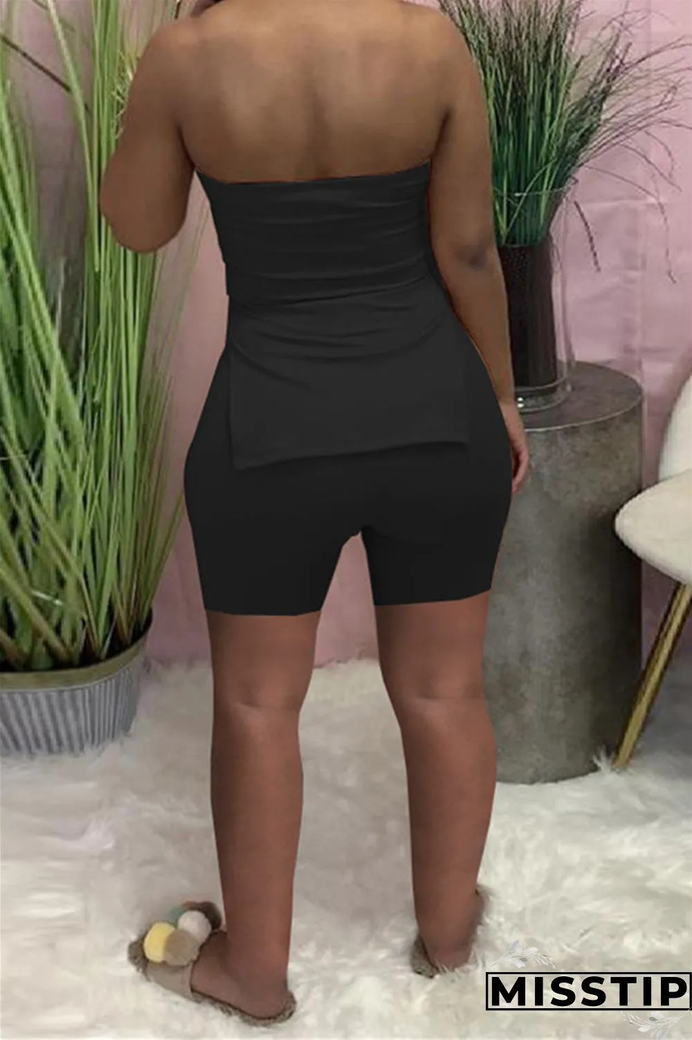 Coral Powder Sexy Casual Solid Backless Slit Strapless Sleeveless Two Pieces