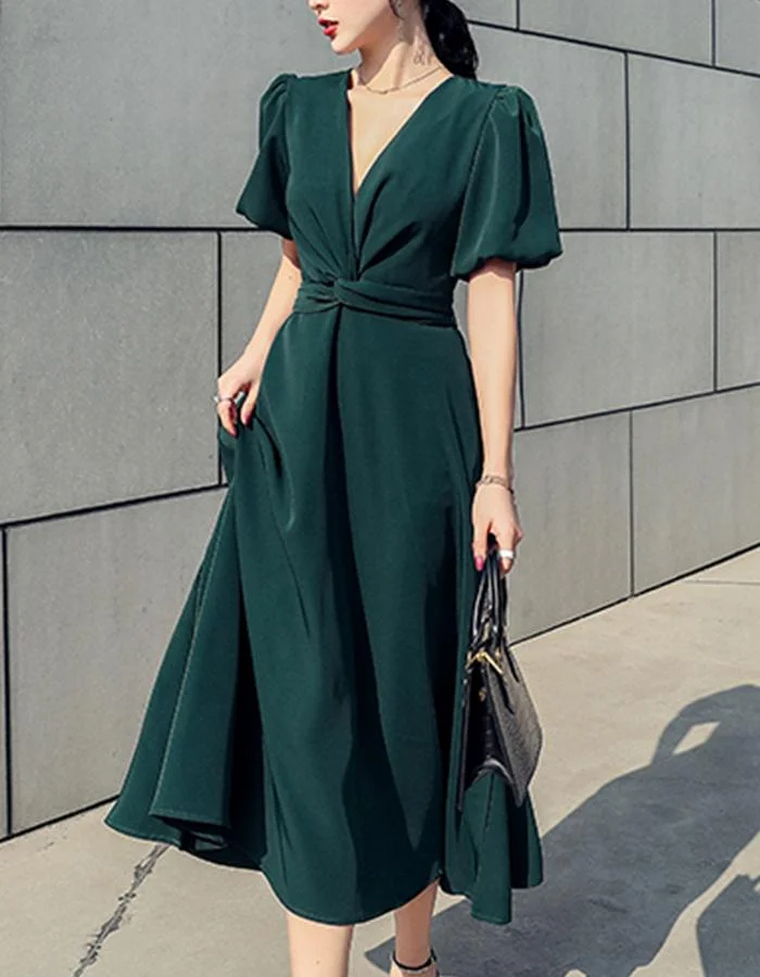 Bubble Short-sleeved Green Big Swing Dress
