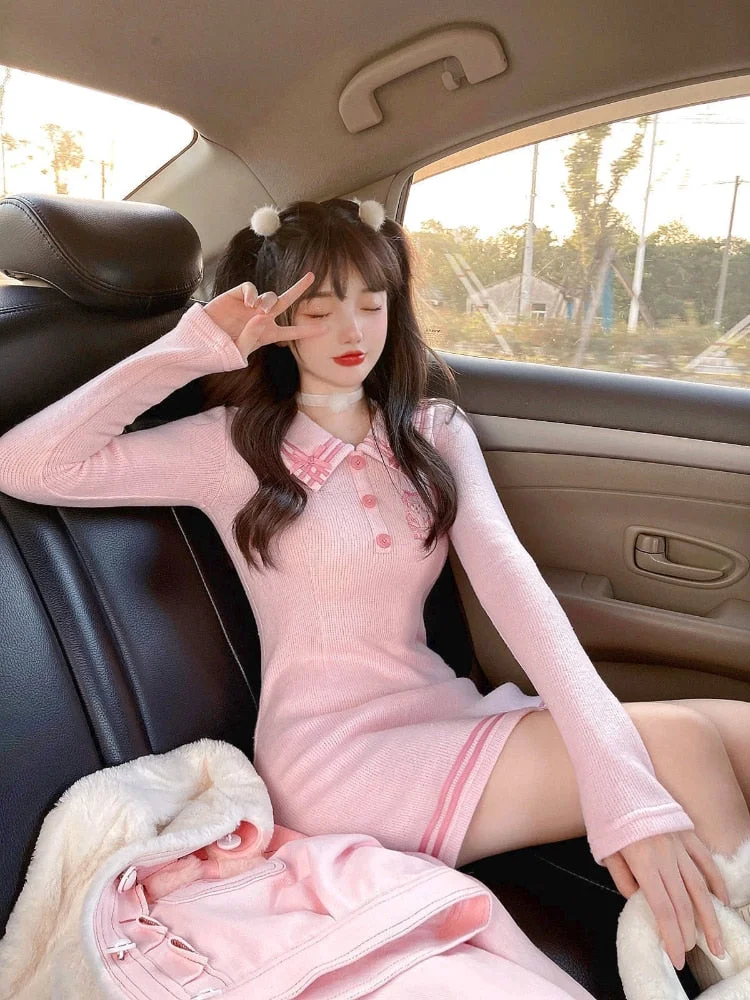 Japanese Pink Sweet Kawaii Dress Women Bodycon Elegant Sexy Party Mini Dress Female White Knit Casual Korean Fashion Dress 2022