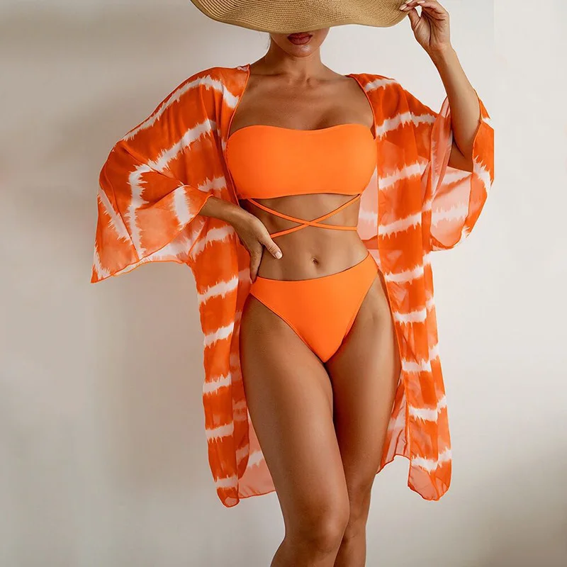 Mongw Mongw Solid Color Colorful Swimsuit Wavy Chiffun Beach Three-Piece Bikini Swimsuit