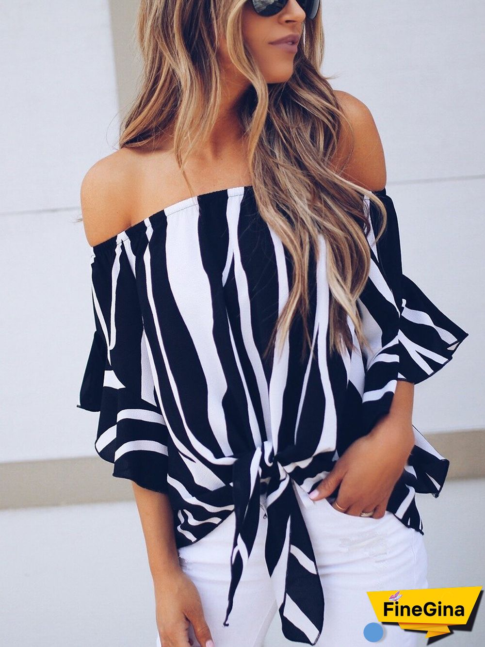 Off-the-shpulder Striped Loose Chiffon Top P13705