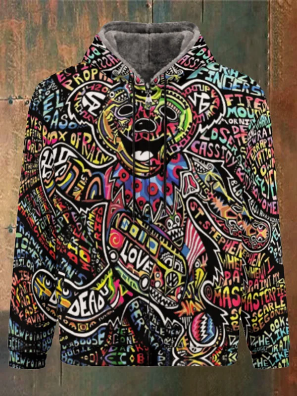 Unisex Bear Print Double Layer Fleece Zip-Up Hooded Jacket