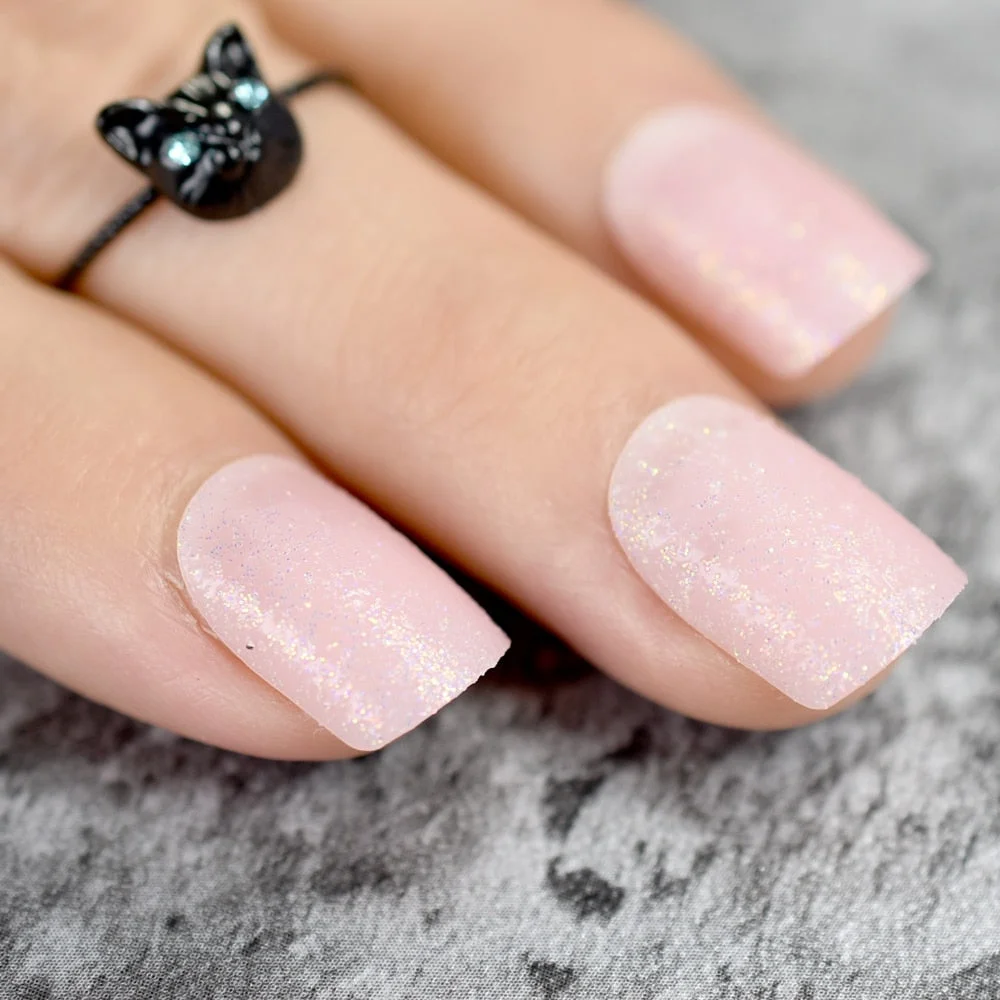Light Pink Glitter False Nails Short Square Decoration Nails Full Wap Ladies Daily Wear Plastic Nail Tips-Nail Inspo