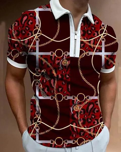 Men's Casual Chain Print Short Sleeve Polo Shirt