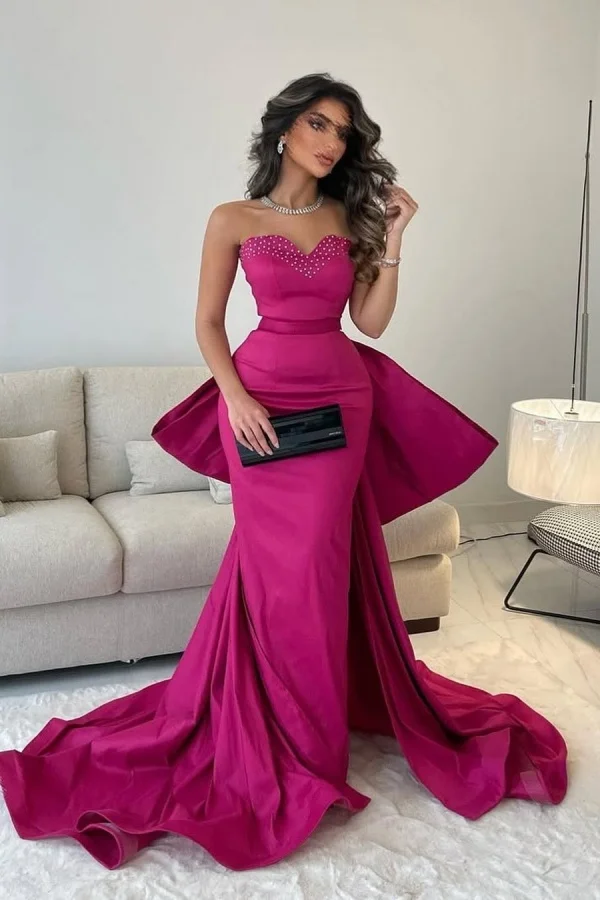 Fuchsia Beaded Bow Long Strapless Prom Dress ZT0709