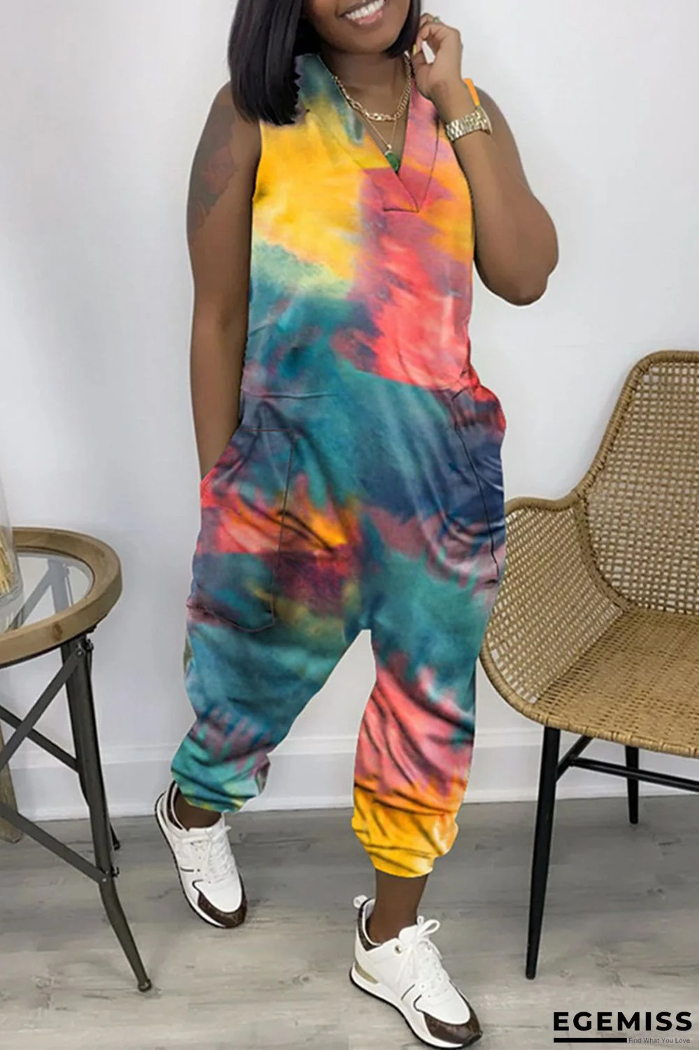 Green Fashion Casual Print Tie Dye Pocket V Neck Regular Jumpsuits | EGEMISS