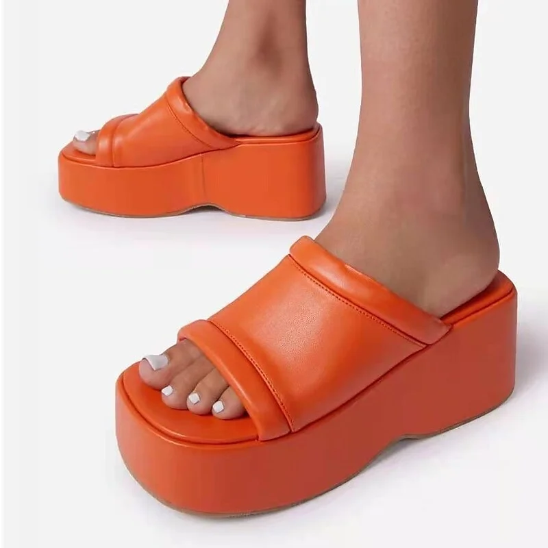Women's Slippers Outdoor Slippers Platform Slippers Daily Summer Flat Heel Peep Toe Casual PU Leather Loafer Solid Colored Almond Black Orange | IFYHOME
