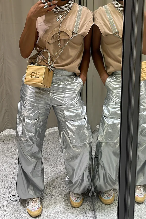 Casual Metallic Pocket Straight Pants