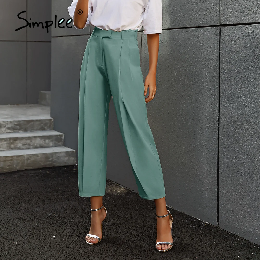 Simplee Solid high waist office lady trousers Loose casual apricot summer women pants High street style Harlan pleated trousers 929