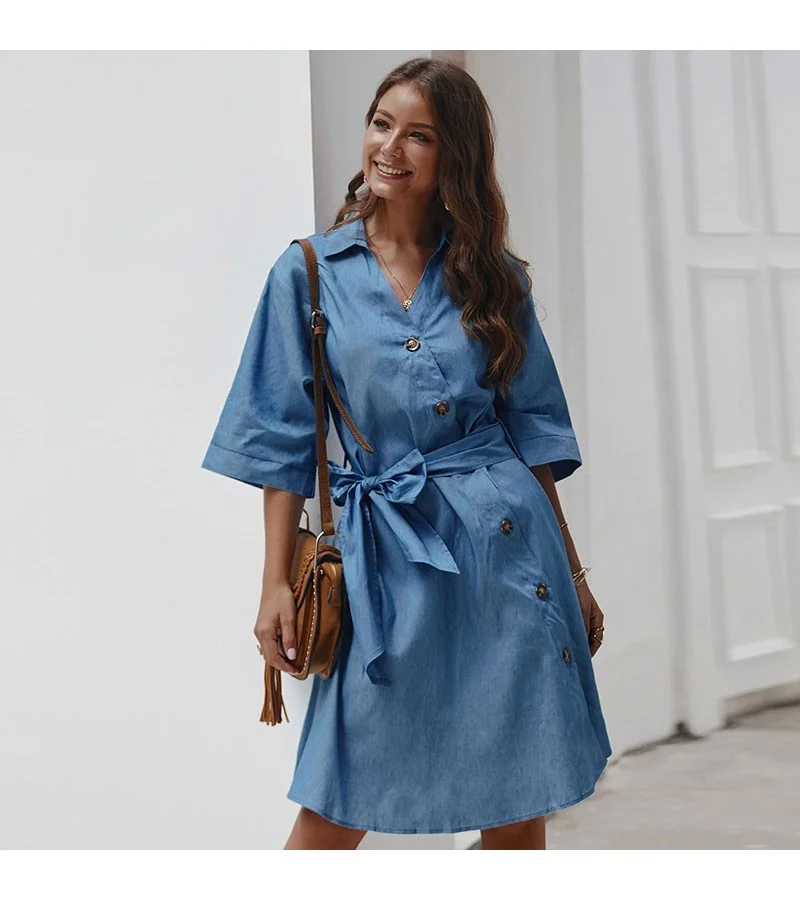 Fashion Lapel Single-breasted Lace-up Casual Denim Dress S-XL