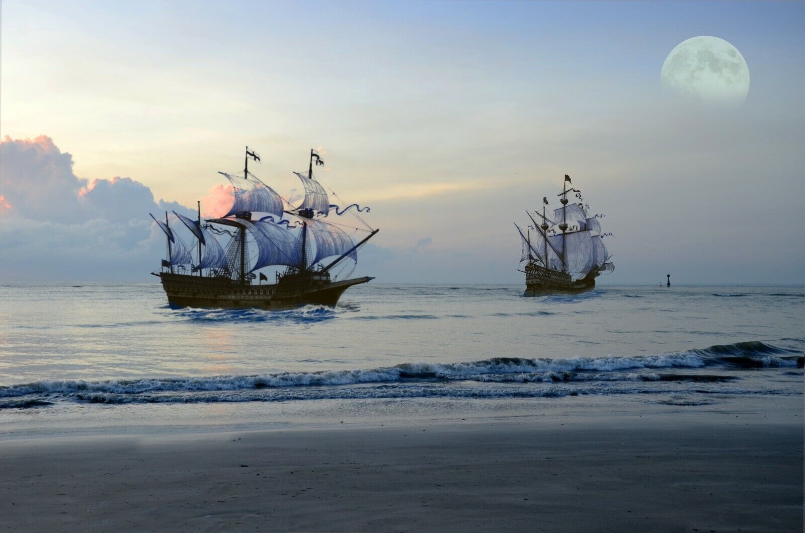 Ship Sailing Moon Nature Landscape Print Art Canvas Poster For Living Room Decor Home Wall Picture