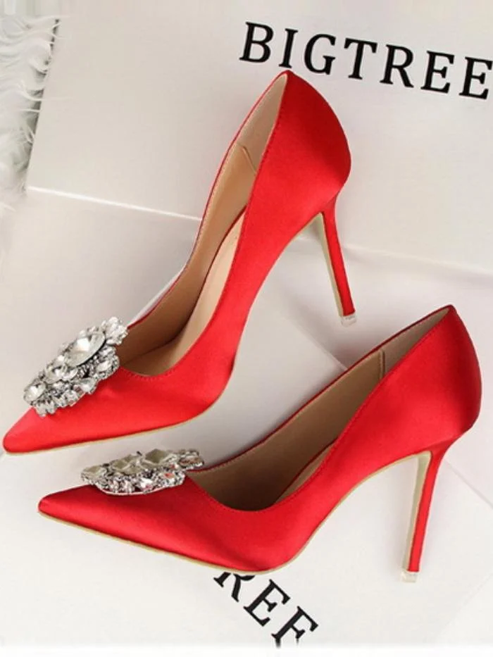 Sexy stiletto high heel shallow pointed toe rhinestone buckle single shoes