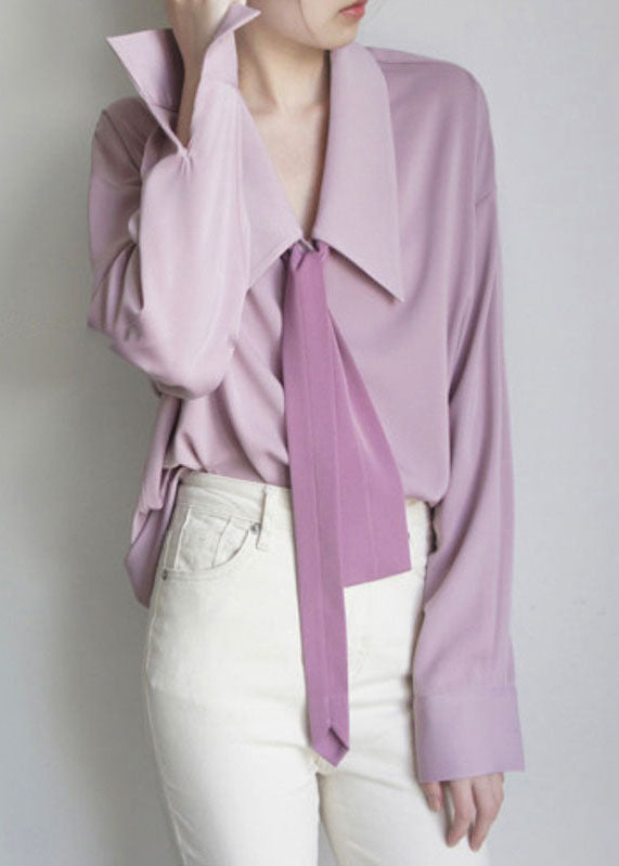 VCSHOES Pink Bow Solid Chiffon Shirts Long Sleeve