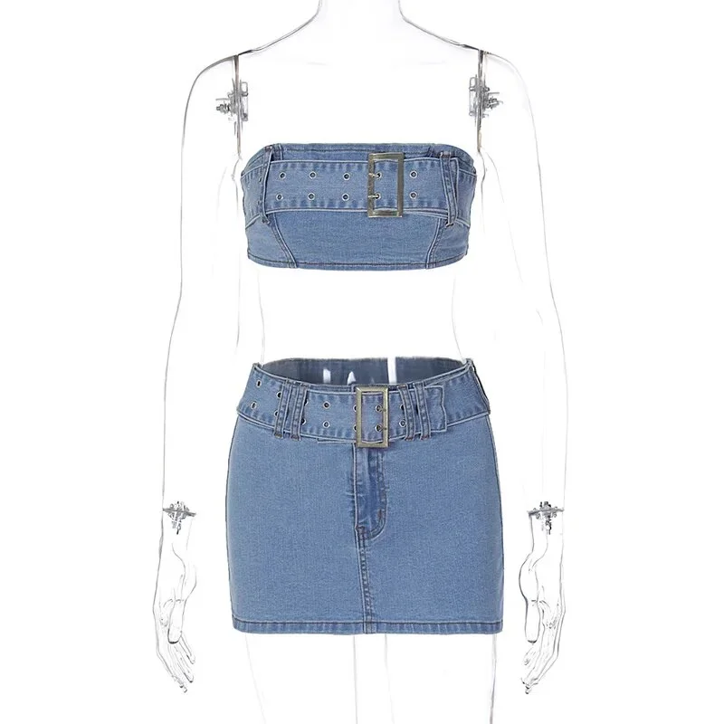 Wongn Summer Two Piece Sets Women Blue Sexy Strapless Crop Top Denim Skirt Female Skinny Metal Button Hot Girl Skirt Suit 2023