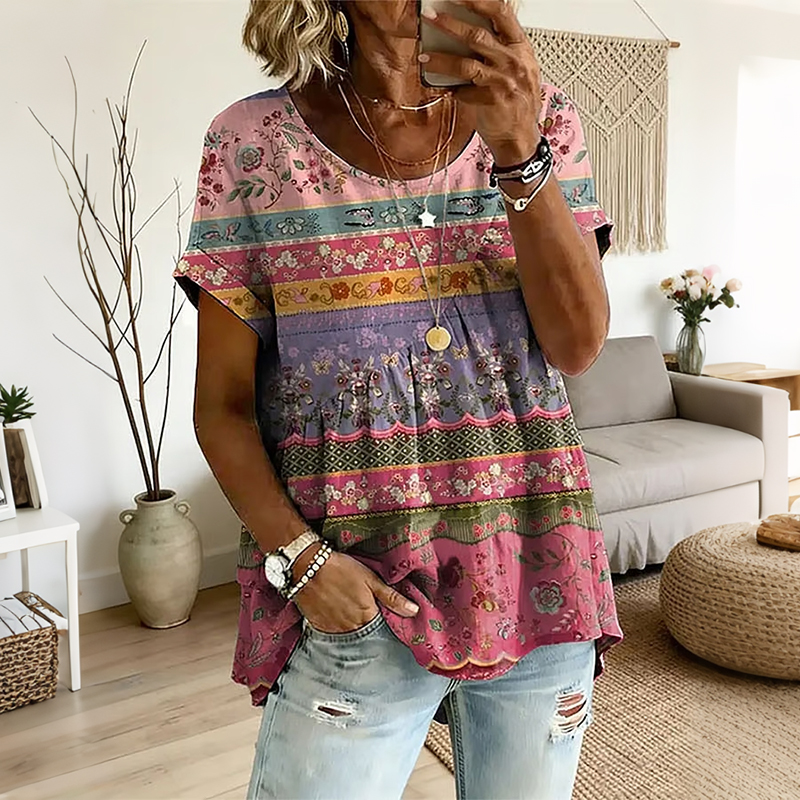 Comstylish Women's Vintage Irregular Pleated Floral Design Short Sleeves Round Neck Linen Tunic Top