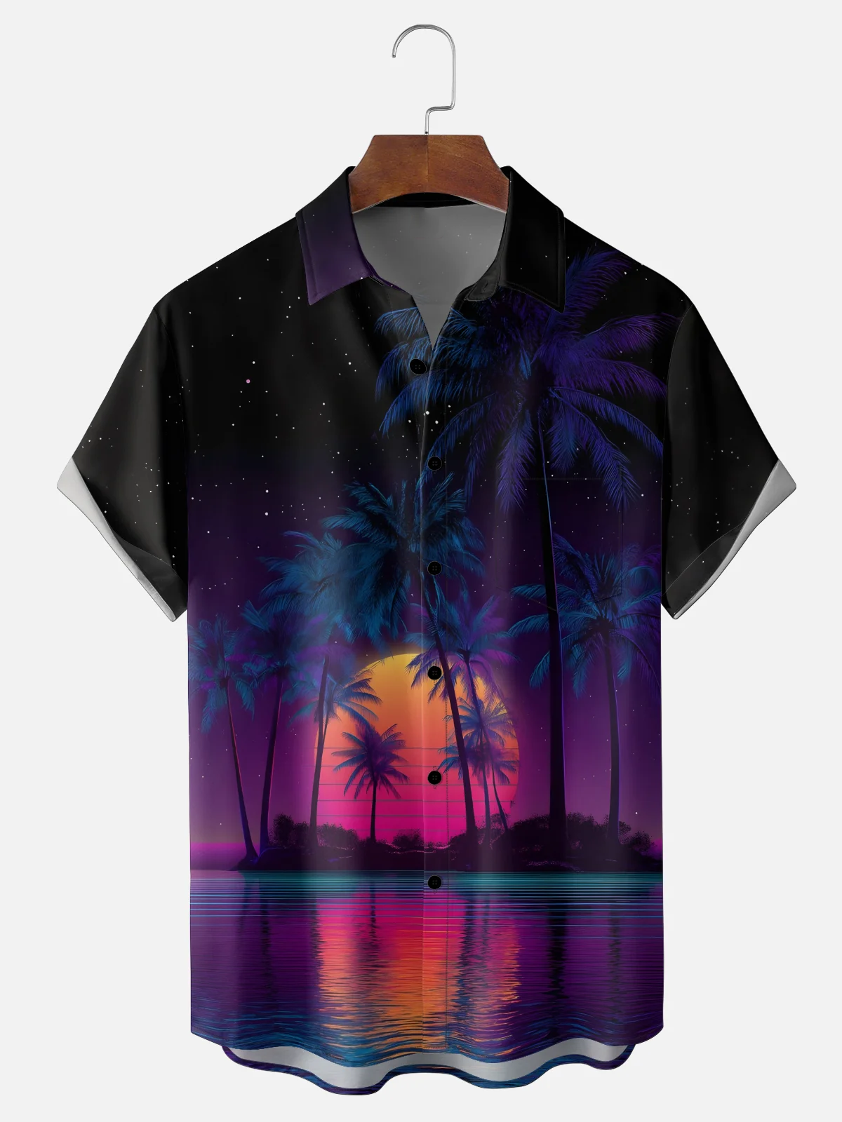 Moisture-wicking Coconut Tree Beach Gradient Chest Pocket Hawaiian Shirt PLUSCLOTHESMAN