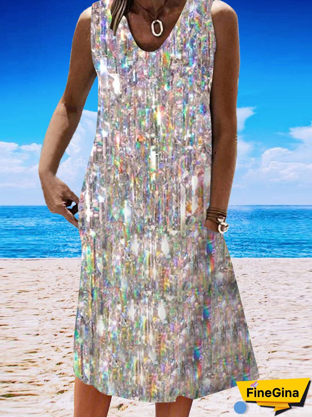 Women's Colorful V-Neck Sleeveless Graphic Midi Dress