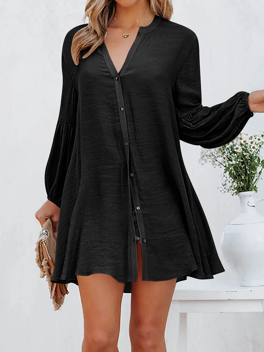 Women Long Sleeve V-neck Mini Dress