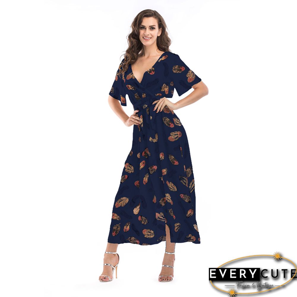 Khaki Short Sleeve Foral Chiffon Boho Dress