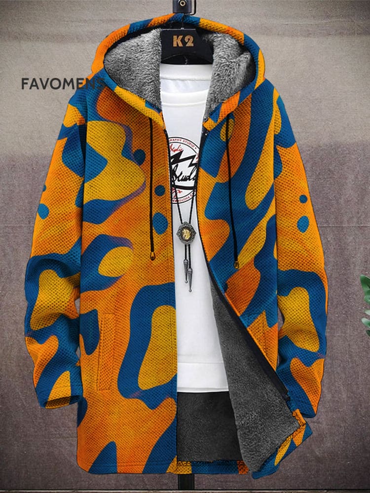 Men’s Art Liquid Texture Print Hooded Two-Pocket Fleece Cardigan Jacket Jacket(A) / Blue M