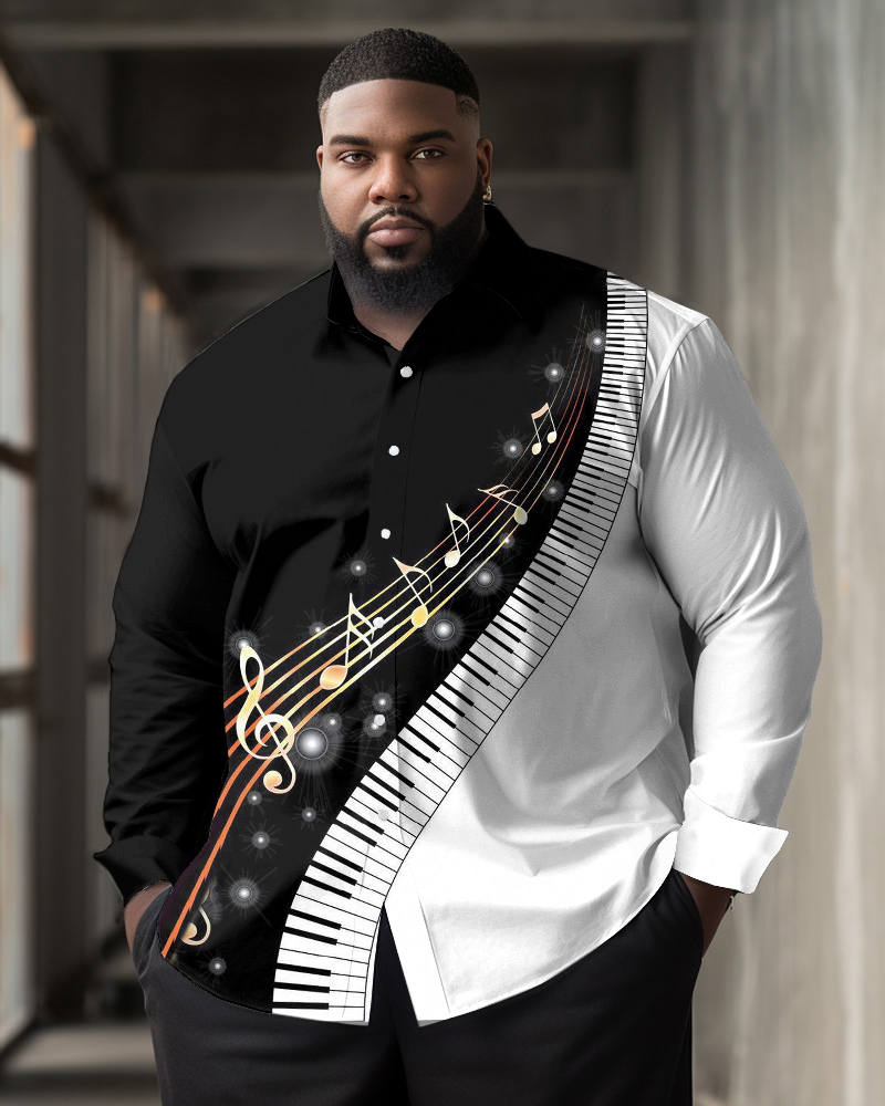 Plus Size Men's Casual Piano Music Color Contrast Print Lapel Long Sleeve Shirt