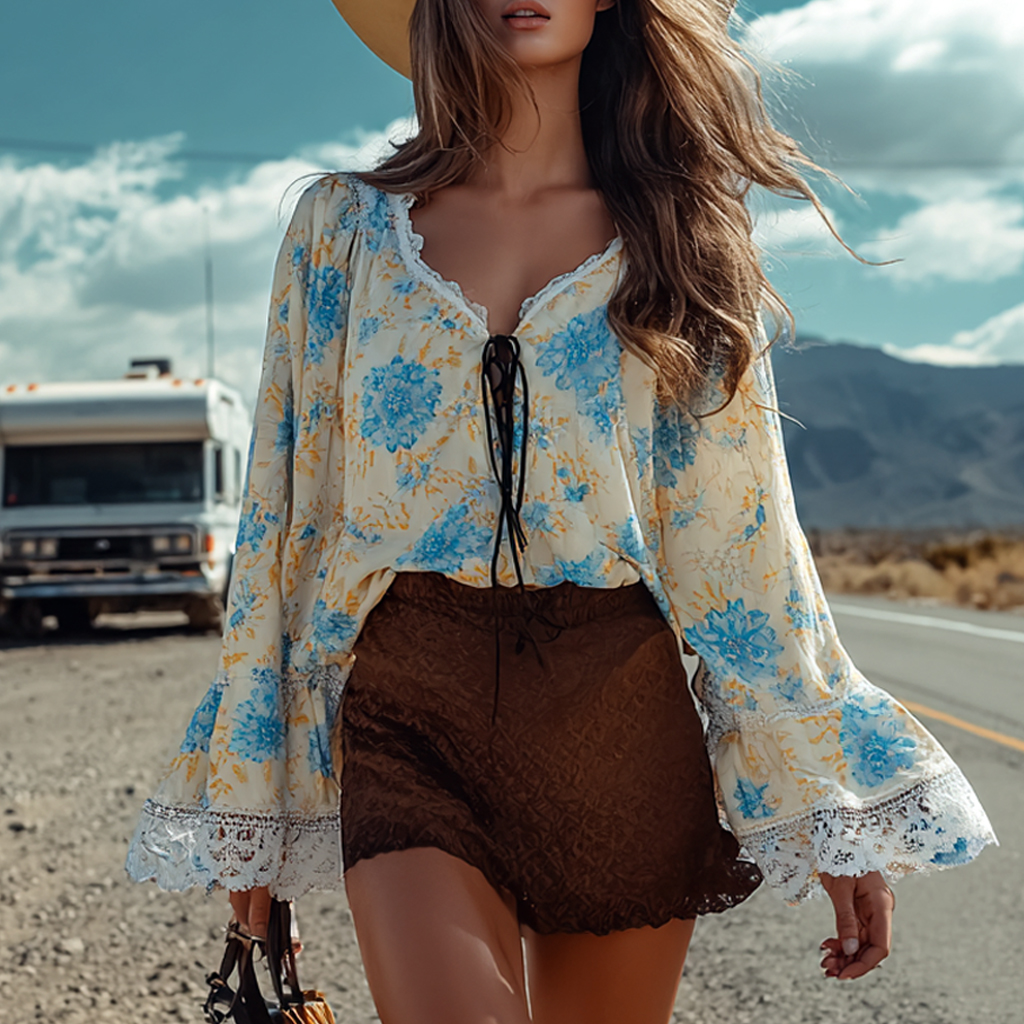 Western Retro Bohemian Style Chic Floral Blouse Top