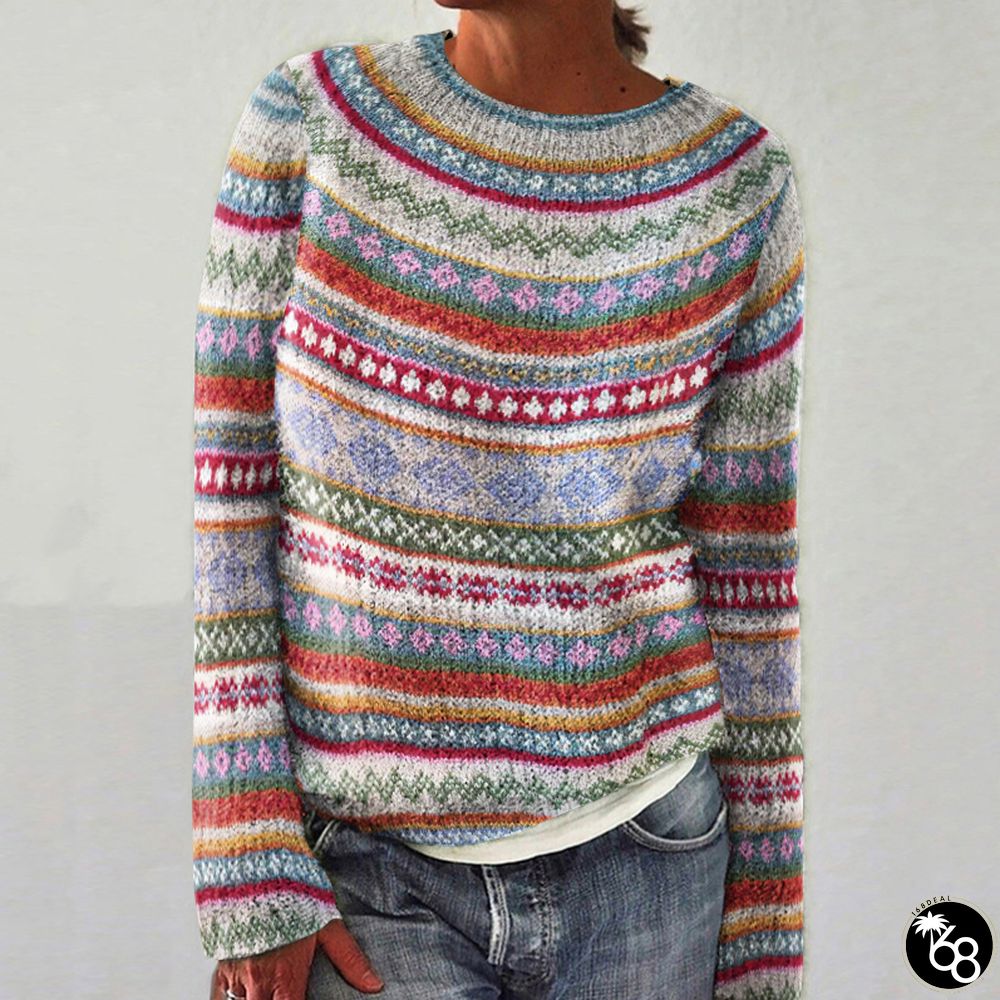 Fairman Island Vintage Pattern Crew Neck Contrast Sweater | 168DEAL