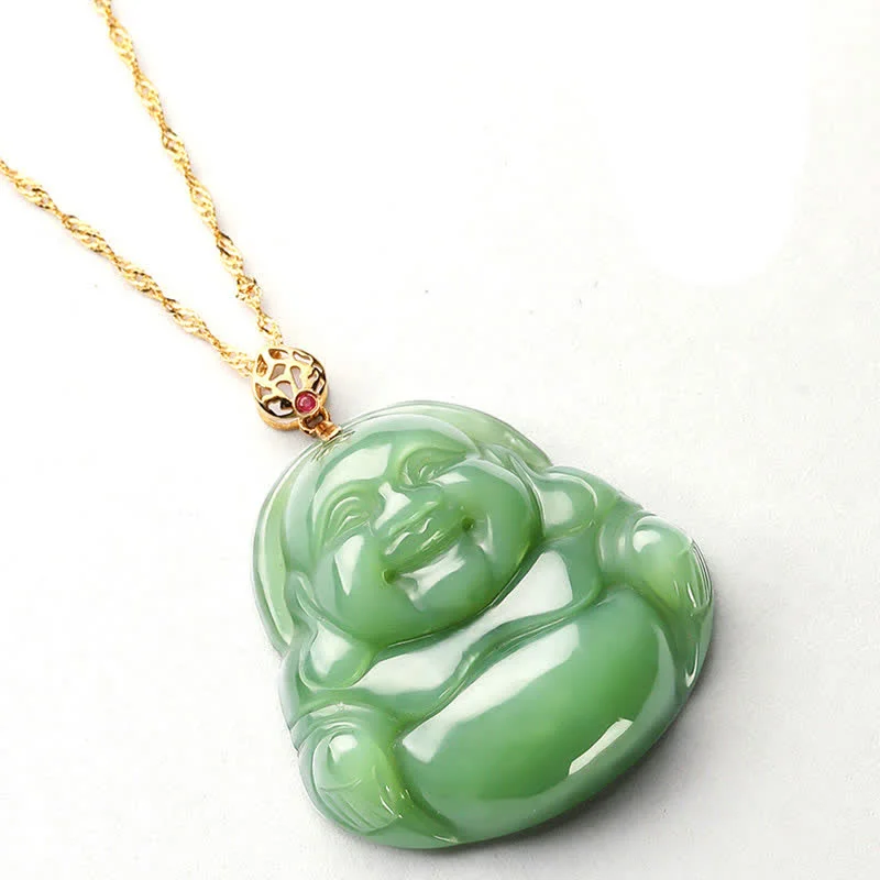 Laughing Buddha 925 Sterling Silver Hetian Cyan Jade Luck Chain Necklace Pendant