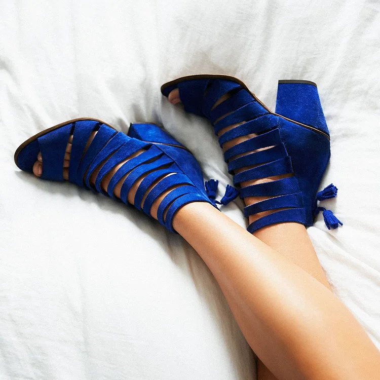 Royal Blue Vegan Suede Peep Toe Booties Cutout Block Heel Ankle Boots |FSJ Shoes