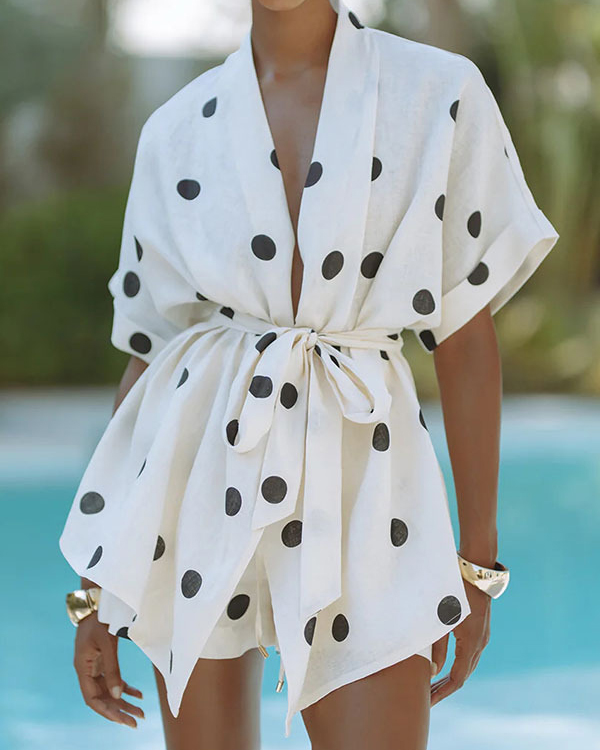 Polka Dot Short Sleeve Tie Waist Top & Shorts Set