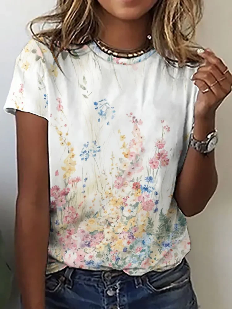 Printed Short Sleeve Casual T-shirt for  Women and Men Unisex Pattern Floral, Blue, Pink, Colorful