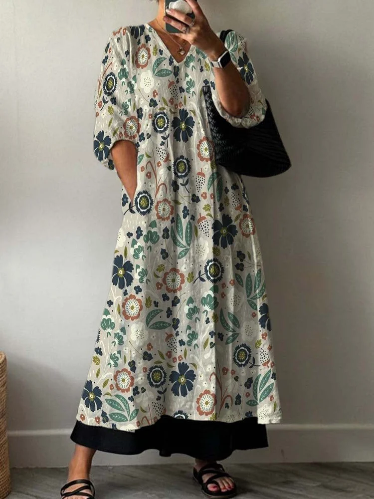 Decorative Pattern Full of Flowers and Plants Pocket V-neck Cotton Dress