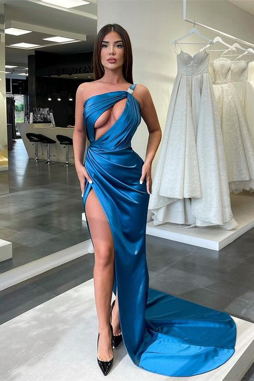 Gorgeous Ocean Blue Prom Dress Mermaid Long With Slit One Shoulder - lulusllly