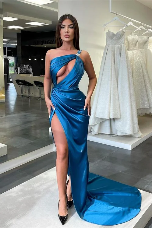 Luluslly One Shoulder Ocean Blue Prom Dress Mermaid Long With Slit