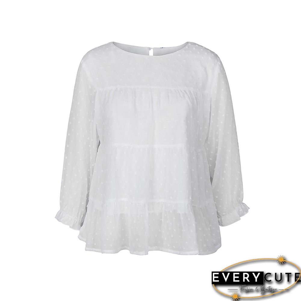 White Swiss Dot Chiffon Long Sleeve Tops