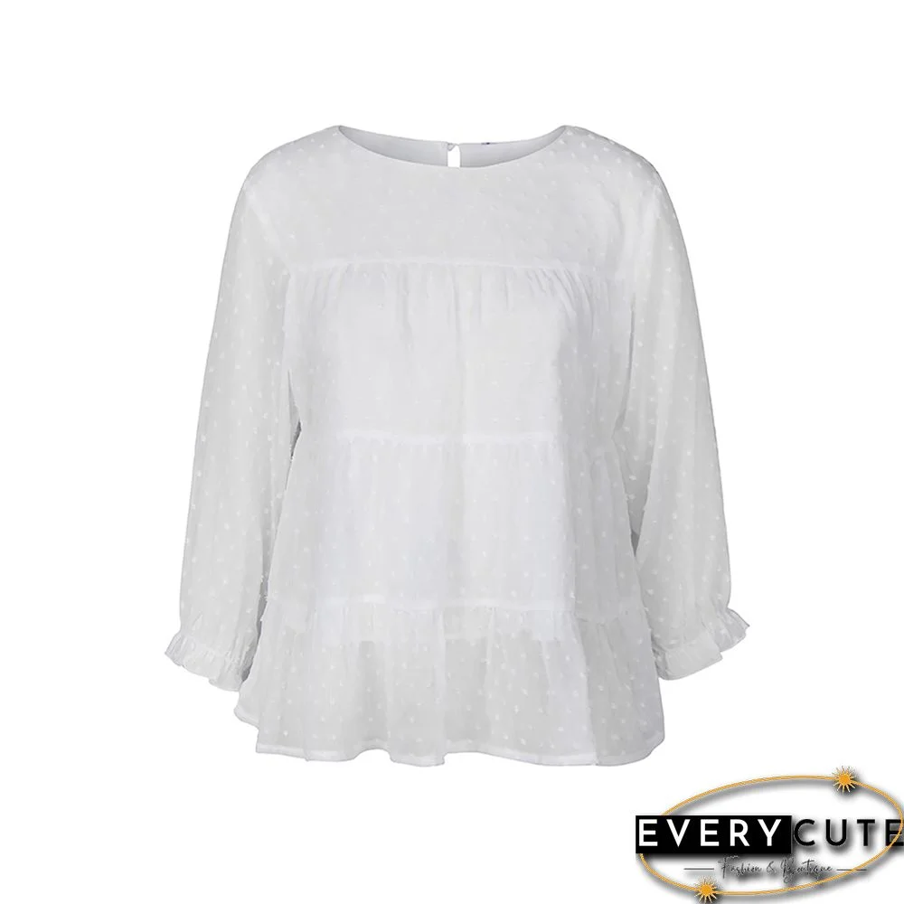 White Swiss Dot Chiffon Long Sleeve Tops