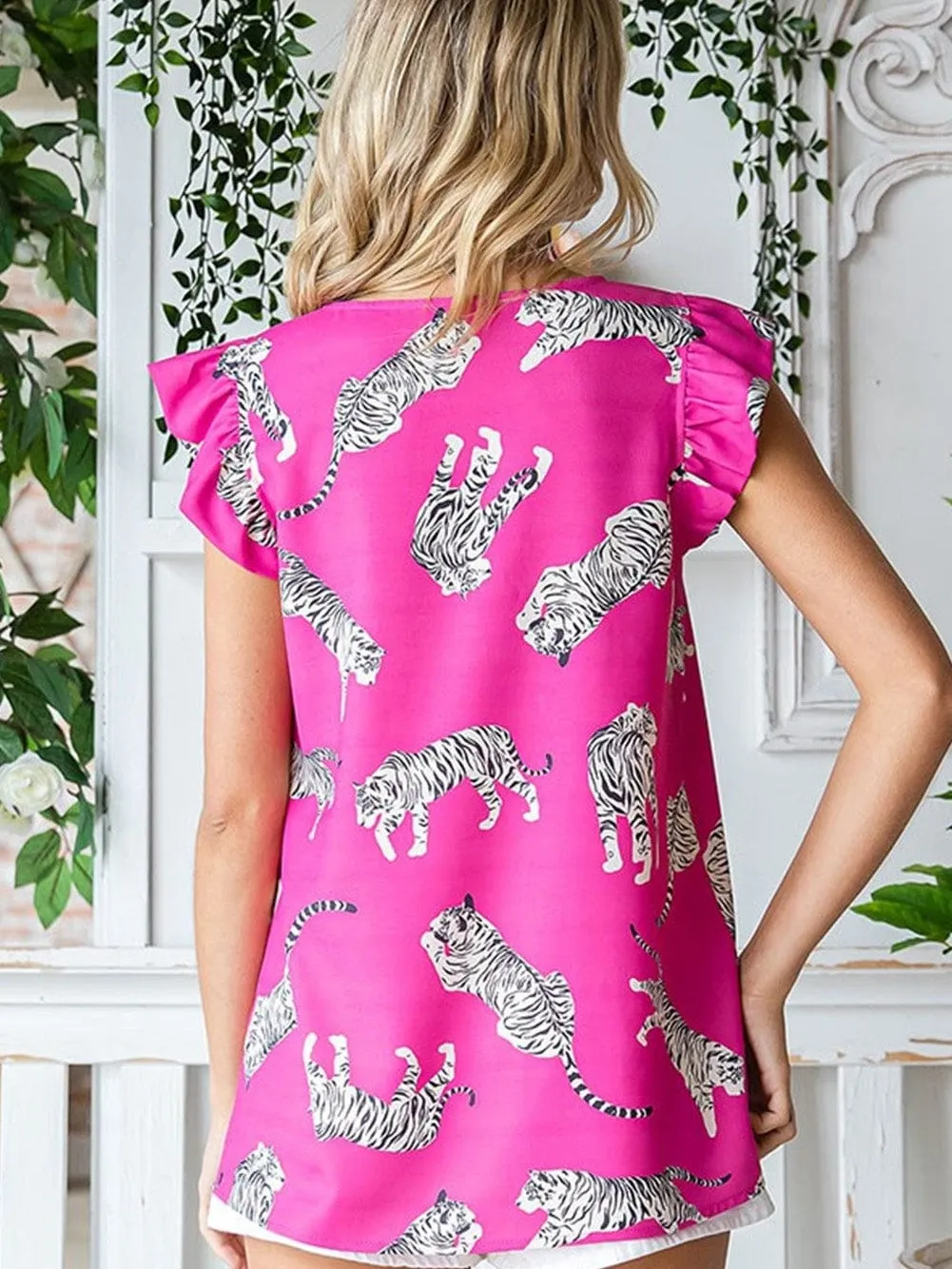 Rose Tiger Print Flutter Sleeve Round Neck Blouse