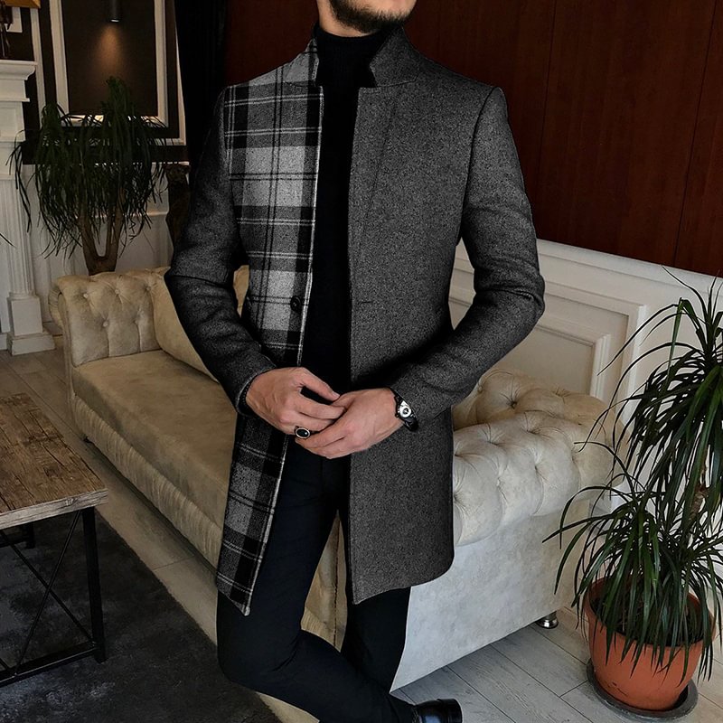Men's Plaid Stitching Casual Stand Up Collar Tweed Coat