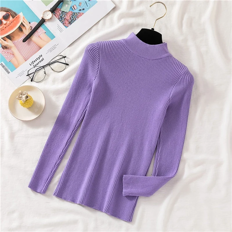 Zoki Autumn Women Pullover Sweater Half Turtleneck Long Sleeve Knitted Jumper Winter Elastic Solid Basic Ladies Blouse New 2021