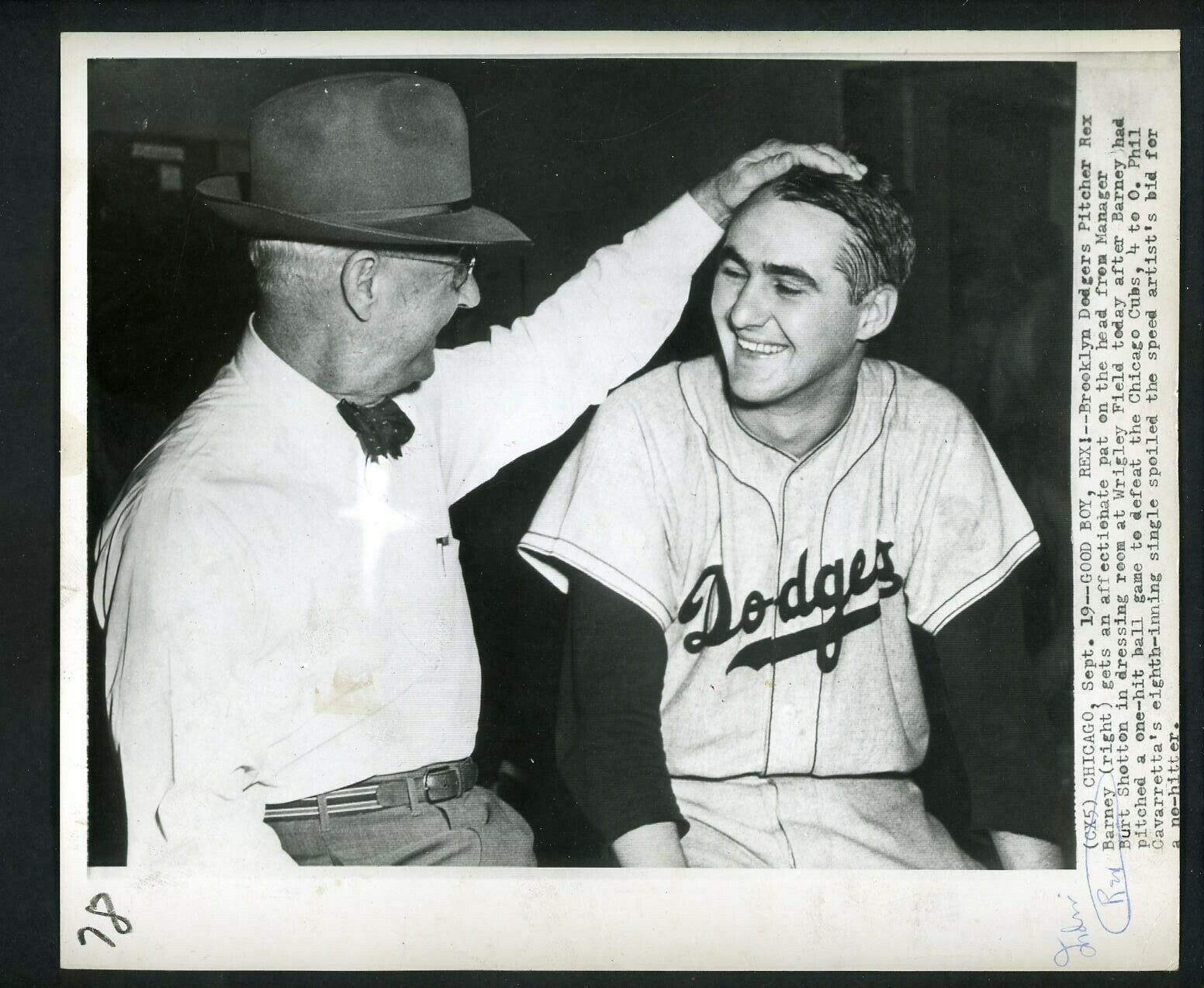 Rex Barney one-hit shutout 1949 Press Photo Poster painting Brooklyn Dodgers Burt Shotton