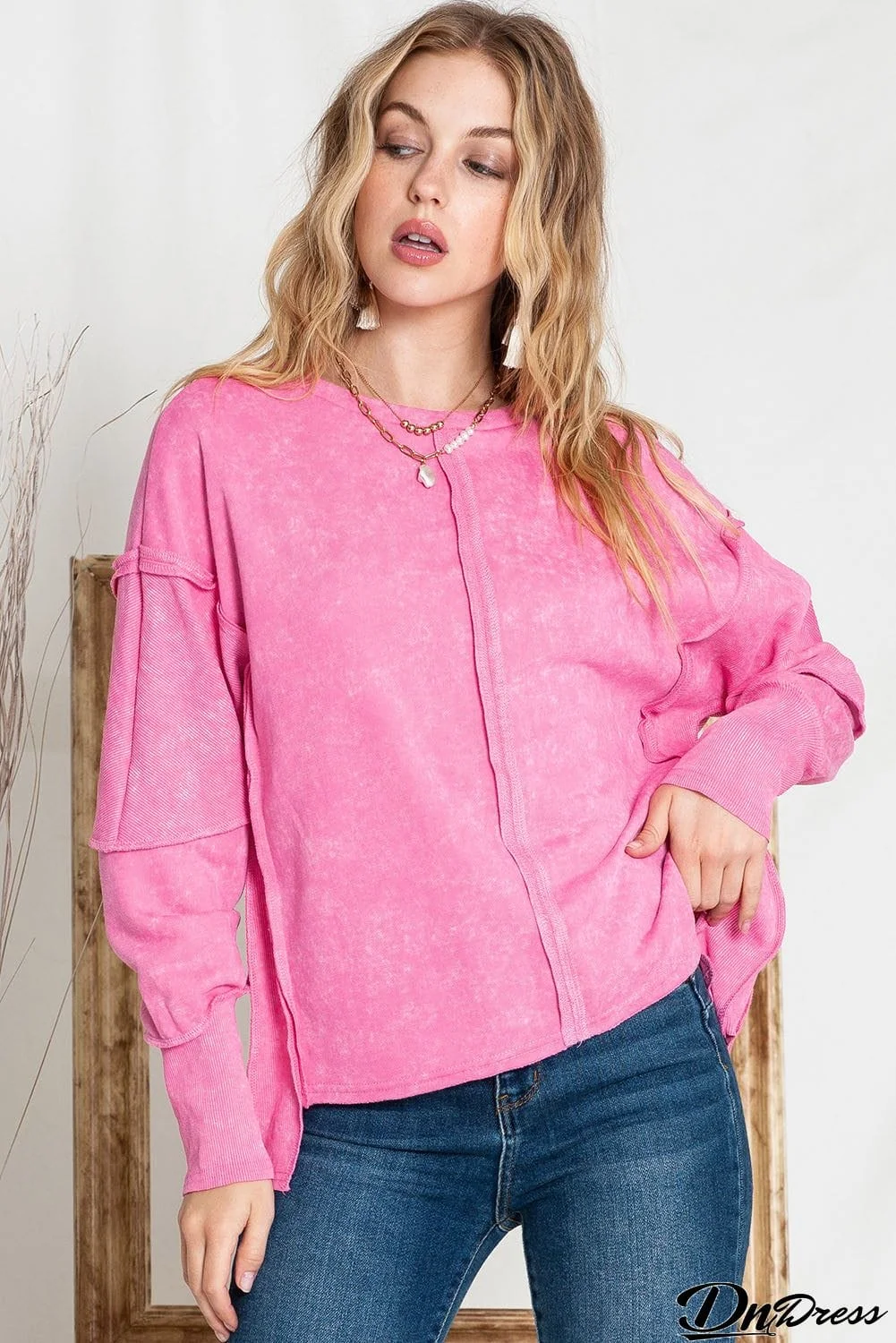 Exposed Seams Round Neck Dropped Shoulder Sweatshirt