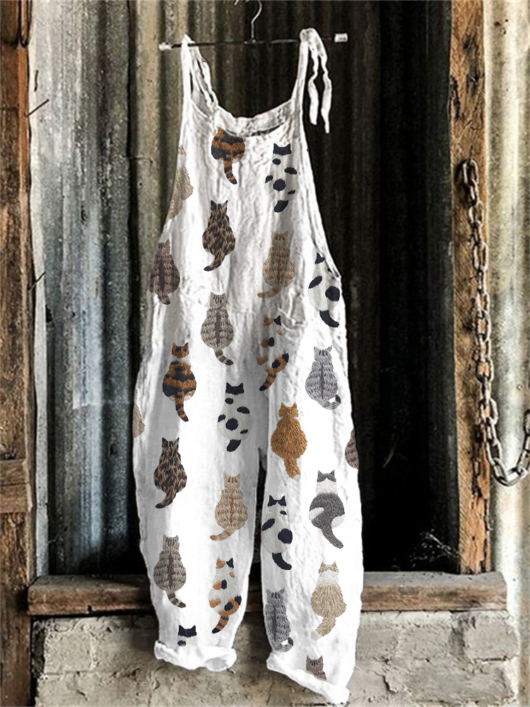 Comstylish Cute Cats Embroidery Pattern Linen Blend Casual Jumpsuit