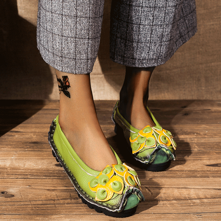 Handmade Genuine Leather Shoes Woman Retro Flowers Loafers QueenFunky