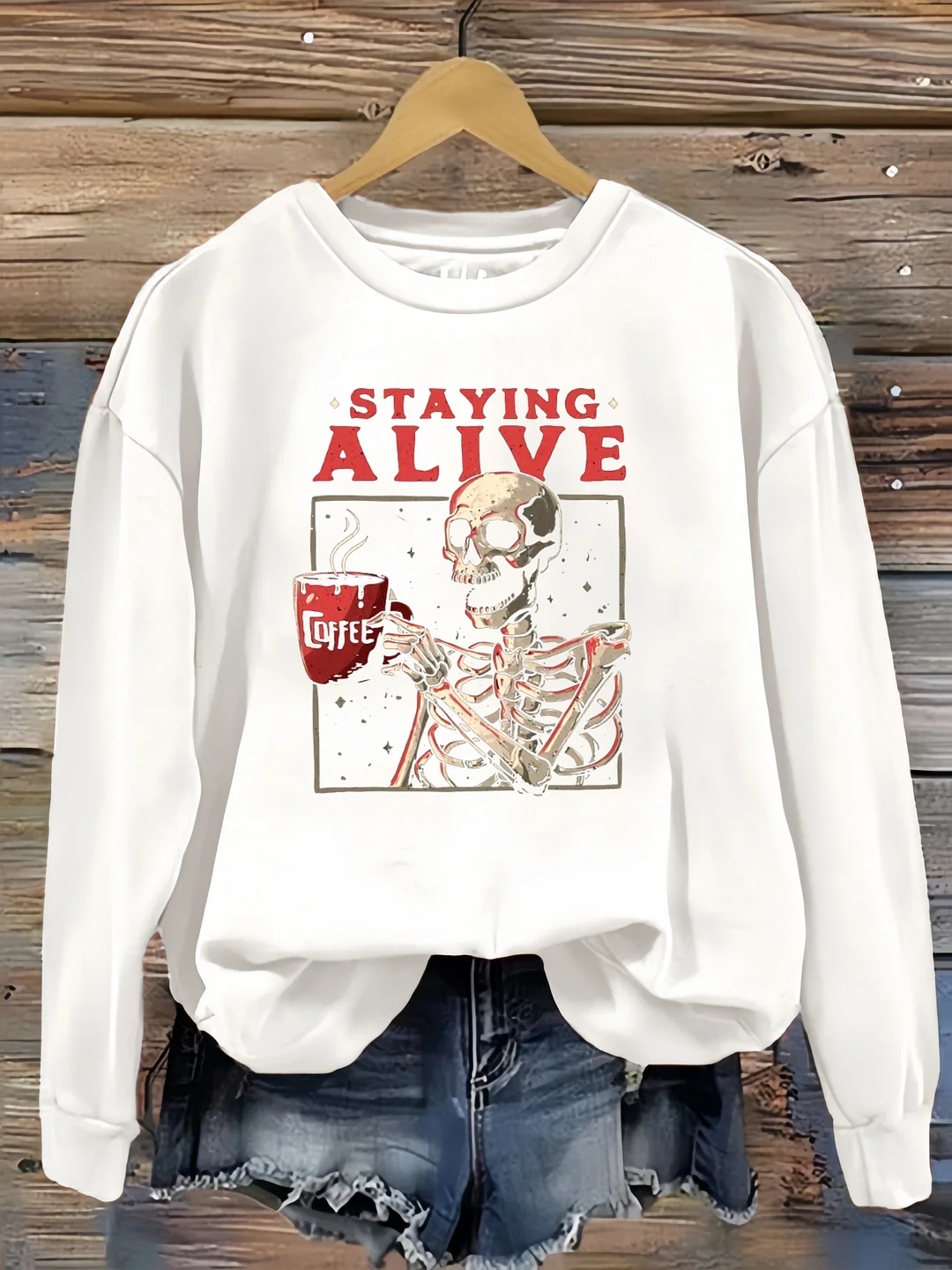 Staying Alive Shirt, Trendy Coffee Shirt, Skull Tshirt for Women,0030